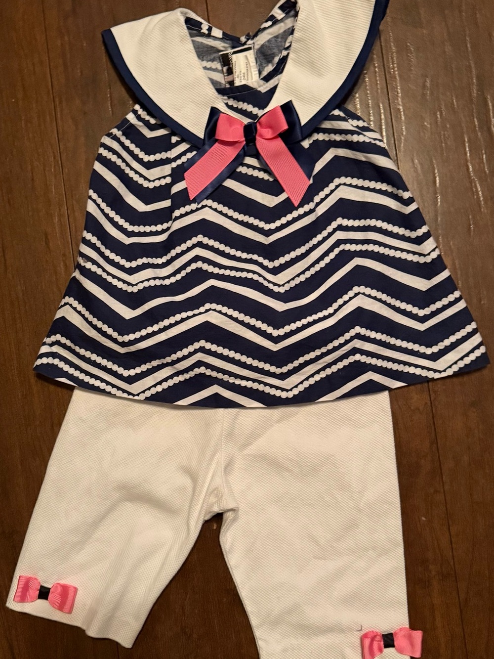 Rare Editions Girls Navy Chevron Sailor Top & White Capri Set with Pink Bows